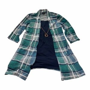 EN FOCUS PETITE Plaid Cardigan Navy Green Dress Shacket Womens 12P